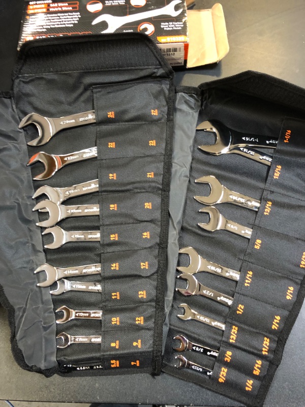 Photo 2 of HORUSDY 19-Piece Super-Thin Open End Wrench Set with Rolling Pouch, CR-V Steel SAE & Metric, 1/4" to 1-1/16" and 5.5mm to 27mm Slim Spanner Wrench Set