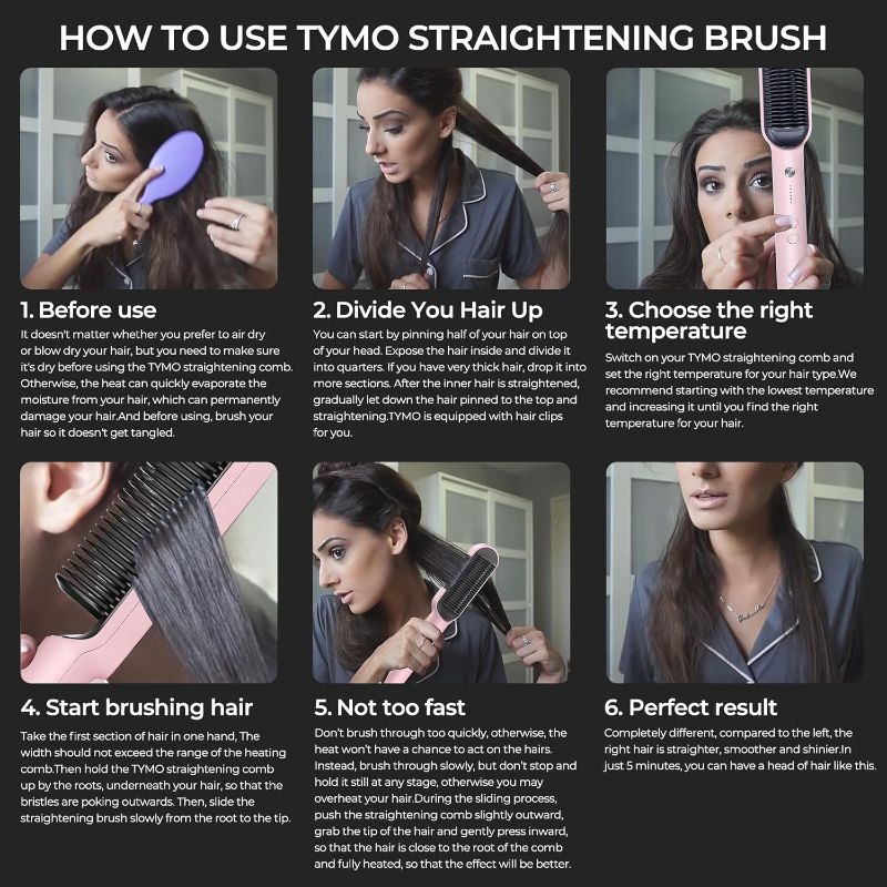 Photo 7 of TYMO Ring Hair Straightener Brush – Hair Straightening Iron with Built-in Comb, 20s Fast Heating & 5 Temp Settings & Anti-Scald, Perfect for Professional Salon at Home, Sakura Pink