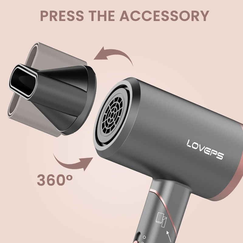 Photo 3 of Hair Dryer, Blow Dryer Without Diffuser,1800W Foldable Ionic Travel Blow Dryer with a Nozzle for Women, Constant Temperature Hair Care Without Hair Damage, Pastel Pink