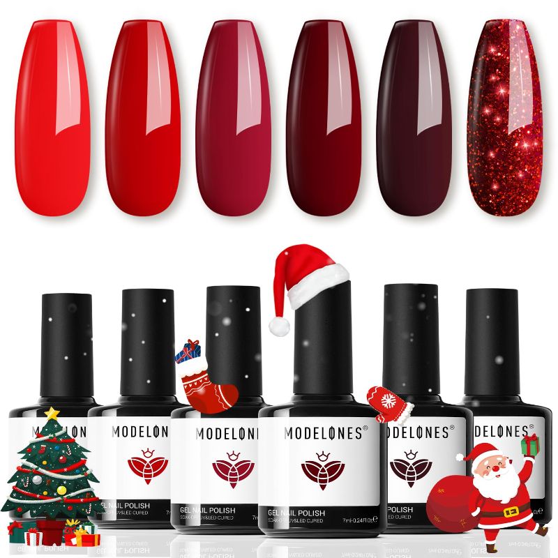 Photo 1 of modelones Gel Nail Polish Set - 6 Red Colors Gel Polish Glitter Red Gel Polish Burgundy Red Sparkle Bloody Red Christmas Nail Polish Gel Manicure DIY Salon Nail Art Gifts