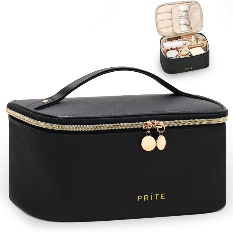 Photo 1 of Prite Makeup Bag, Large Capacity Portable Travel Cosmetic Bag, Waterproof Makeup Organizer for Women with Handle and Divider(Black)