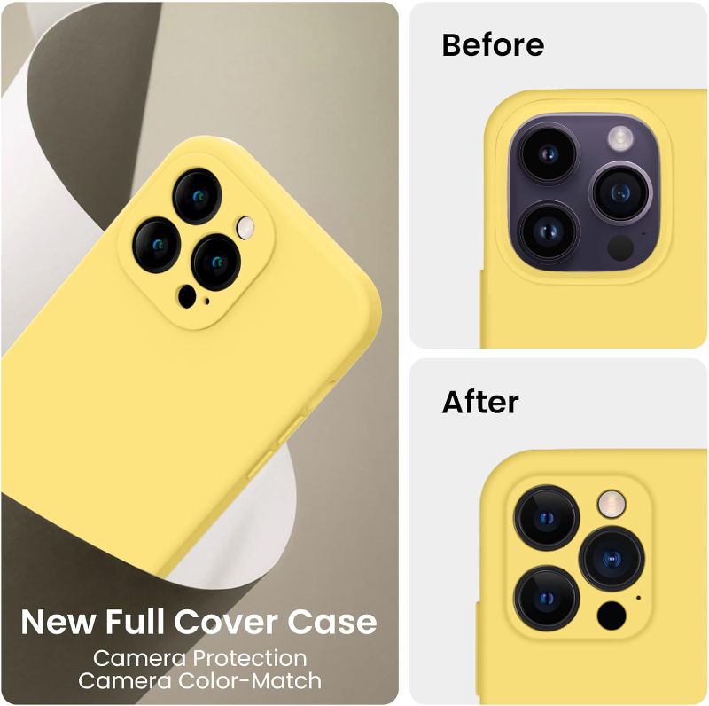 Photo 3 of FireNova Designed for iPhone 14 Pro Case, Silicone Upgraded [Camera Protection] Phone Case with [2 Screen Protectors], Soft Anti-Scratch Microfiber Lining Inside, 6.1 inch, Yellow