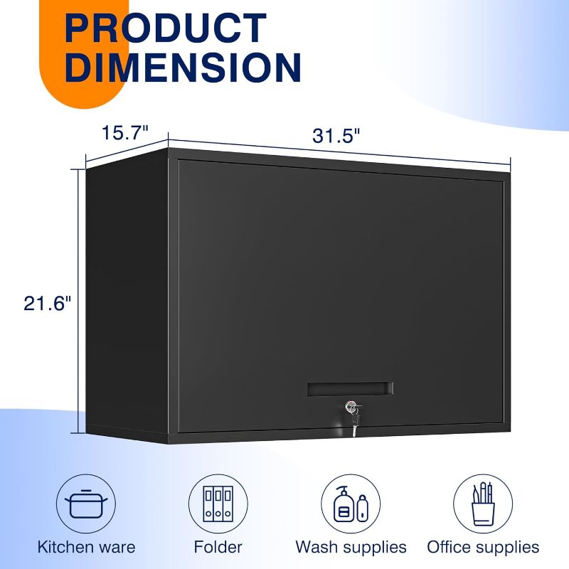 Photo 2 of  Metal Garage Wall Cabinet with Doors and Shelves, Wall Mounted Metal Storage Cabinet, Floating Garage Tool Cabinet for Garage, Basement, Kitchen, Warehouse (Black, 21.6" H)
