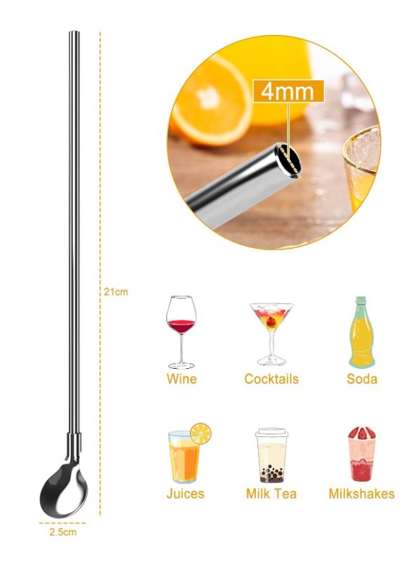 Photo 4 of 20 Pack Stainless Steel Reusable Drinking Straws with Spoons, Cocktail Spoon for Cocktail Smoothies Drinks