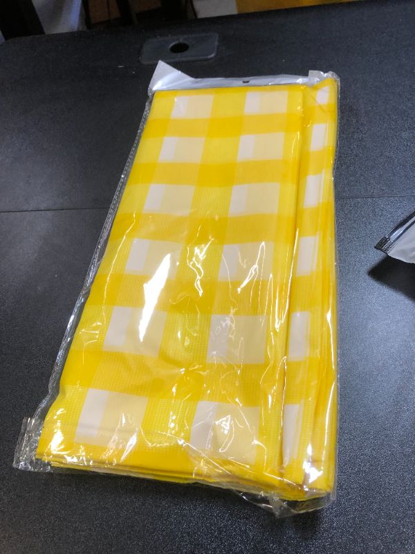 Photo 2 of MYMENU Plastic Tablecloth Disposable Checkered Table Cover Extra Thick 54" x 108" Rectangle Table Cloth for Indoor or Outdoor Parties Birthdays Weddings Christmas Fiestas (Yellow