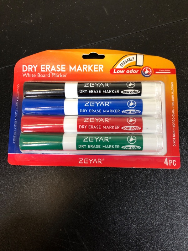 Photo 2 of ZEYAR Low Odor Dry Erase Marker, Bullet Tip White Board Marker, 4 Count (Black,Blue,Red,Green)