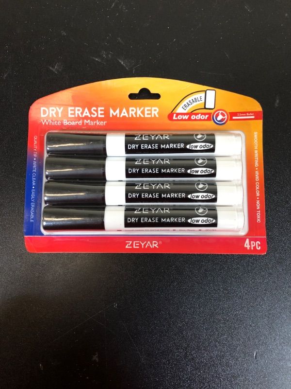 Photo 2 of ZEYAR Low Odor Dry Erase Marker, Bullet Tip White Board Marker, 4 Count (4 Black)