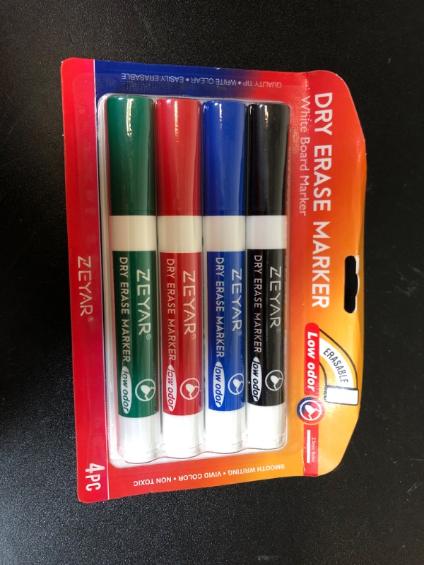 Photo 2 of ZEYAR Low Odor Dry Erase Marker, Bullet Tip White Board Marker, 4 Count (Black,Blue,Red,Green)