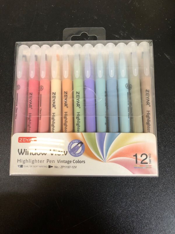 Photo 2 of ZEYAR Clear View Highlighter Pen, See-Through Chisel Tip & Fine Tip, Dual Tips Marker, Water Based, No bleed, Quick Dry (12 Vintage Colors)