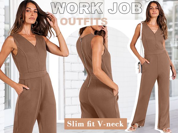 Photo 1 of ANRABESS Women's Dressy Jumpsuit Sleeveless V Neck Business Casual Sexy Slim Fit Flare Wide Leg Jumpsuits Romper 2024 Summer Work Job Outfits 1493zongse-M, Medium, Brown