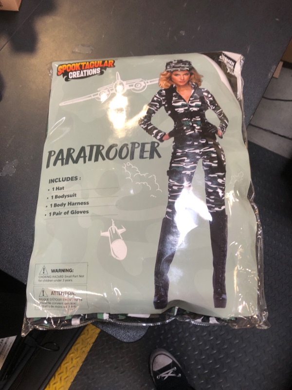 Photo 2 of Spooktacular Creations Women Paratrooper Costume, Army Jumpsuit, with Military Camouflage Costume w/Hat, Gloves and Harness for Halloween Costume (X-Large)