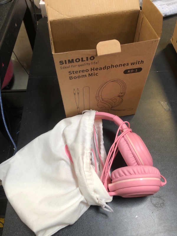 Photo 2 of SIMOLIO Kids-Headphones with Microphone for School, 75/85/94 dB Wired Headphones with Boom Mic for iPad, PC, Laptop, Gaming, On Ear Pink Stereo Corded Headsets for Girls, Children, Teens, Students