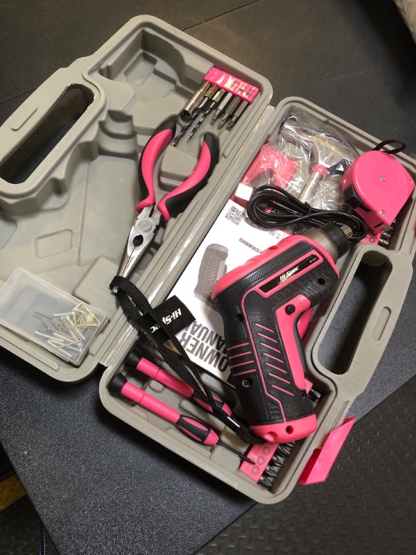 Photo 2 of Hi Spec 35 Piece Pink Home DIY Tool Kit with USB Rechargeable 3.6V Electric Power Screwdriver. Easy Repair with Household Hand Tools and Picture Hanging Kit. All In a Portable Box