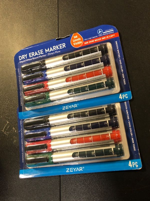 Photo 1 of ZEYAR Dry Erase Marker Low-Odor Bullet Tip, Ultra-Large Capacity, Advanced Direct Flow Structure, Whiteboard Marker for School, Office, Home, 4 Count (Black,Blue,Red,Green) - Pack of 2 