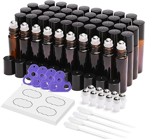 Photo 1 of 48-Pack Essential Oil Roller Bottles 10ml, Cobalt Blue/Amber Glass Empty Bottles with Stainless Steel Roller Balls and Waterproof Labels, Roller Balls For Essential Oils