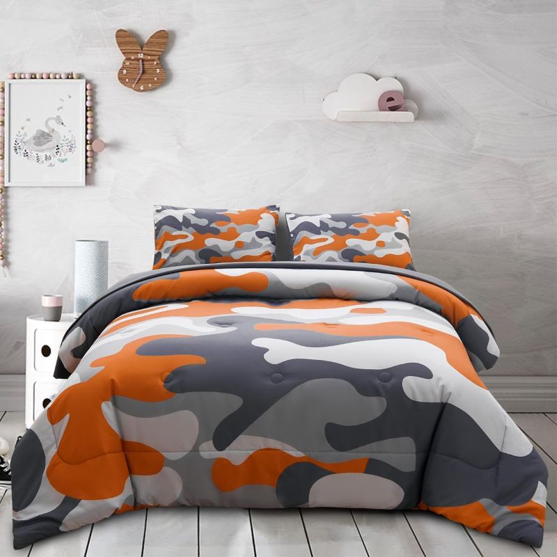 Photo 1 of Holawakaka Twin Size Camouflage Bedding Comforter Set with Sheets, Boys Girls Men Camo Bed in A Bag 5 Pieces,Kids Teens Dorm Bed Sets Neutral Farmhouse Lodge Cabin Army Bedspread (Orange, King)
