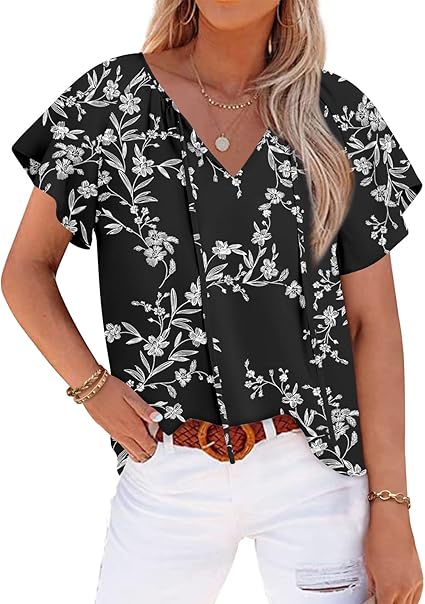 Photo 1 of Anydoll Womens 2024 Summer Tunic Tops Casual Short Sleeve Blouses V Neck Dressy Chiffon Boho Tshirts
