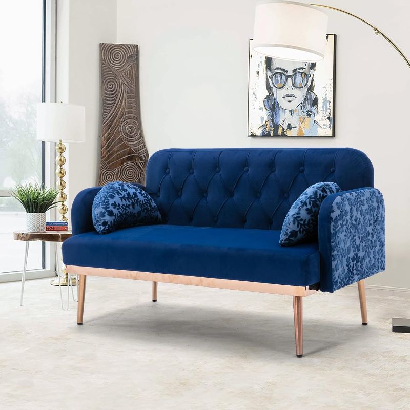 Photo 1 of HomSof Velvet Sofa Chair, Small Couch for Bedroom, Navy Loveseat Sofa with metal feet, 2 Pillows Included
