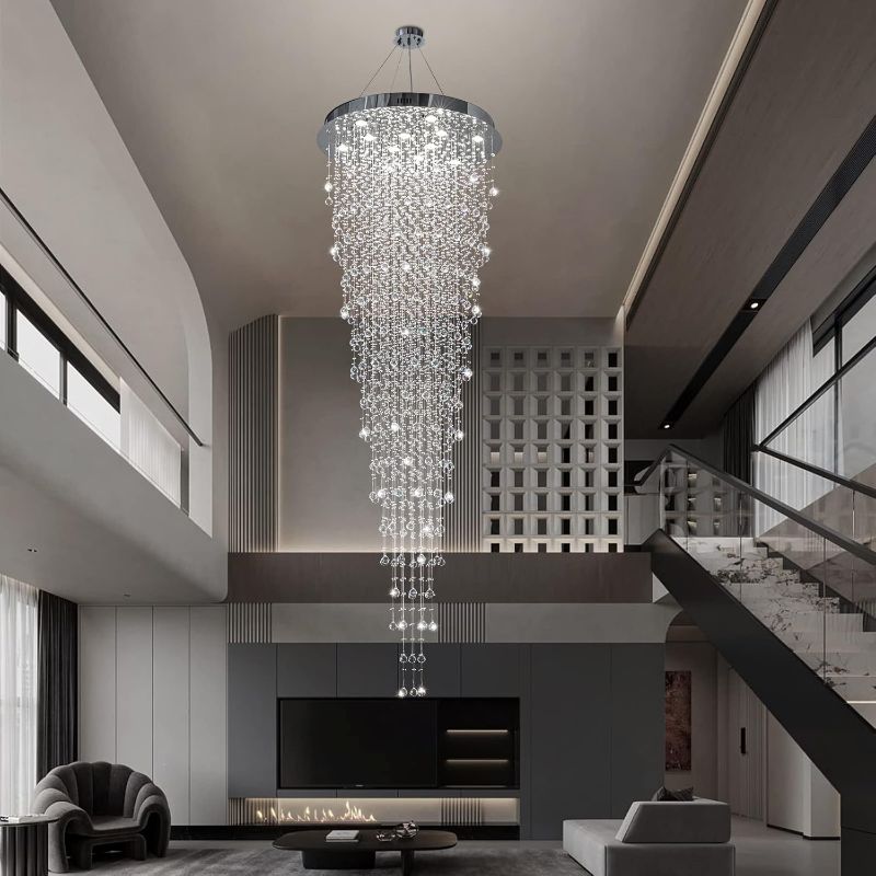 Photo 1 of Modern Large Crystal Chandelier for High Ceilings, Raindrop Round Large Foyer Chandelier, Luxury Flush Mount Ceiling Light Fixture for Stairse Entryway Living Room Dia 32" x H 96"-12 Lights