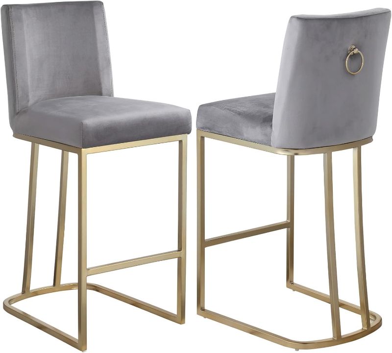 Photo 1 of TonyDo 26" Grey Velvet Bar Stools Set of 2, Modern Counter Height Bar Stools Counter Chairs with Curved Backrest, Upholstered Bar Chairs with Brass Metal Legs for Kitchen Island/Bar
