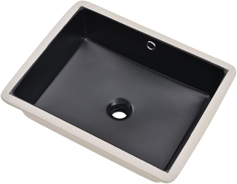 Photo 1 of Undermount Bathroom Sink Rectangle, BoomHoze 20"x15" Black Vessel Sink Porcelain Ceramic Bathroom Undermount Sink with Overflow Modern Bathroom Vessel Sink for Lavatory Vanity Art Basin
