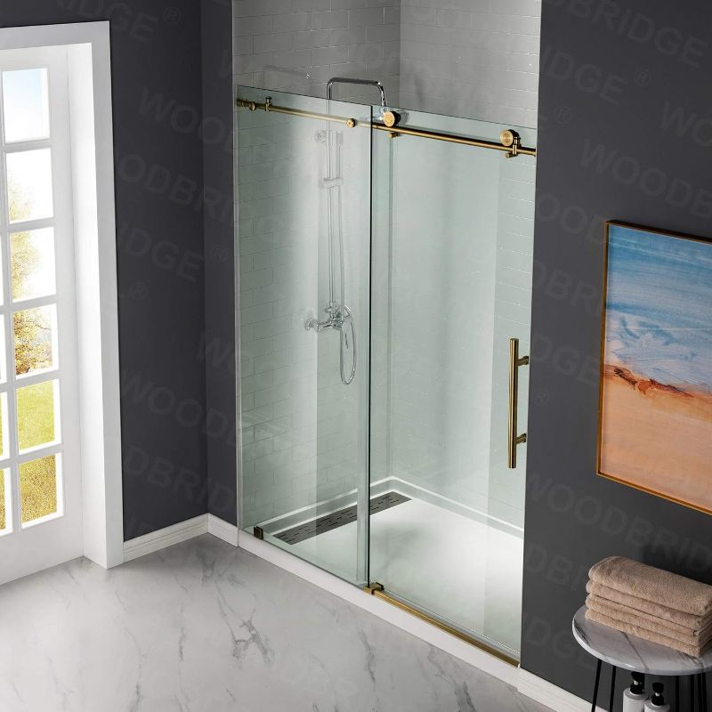 Photo 1 of WOODBRIDGE Frameless Sliding Shower Door, 56"-60" Width, 76" Height, 3/8" (10 mm) Clear Tempered Glass, Finish, Designed for Smooth Door Closing. Brushed Gold