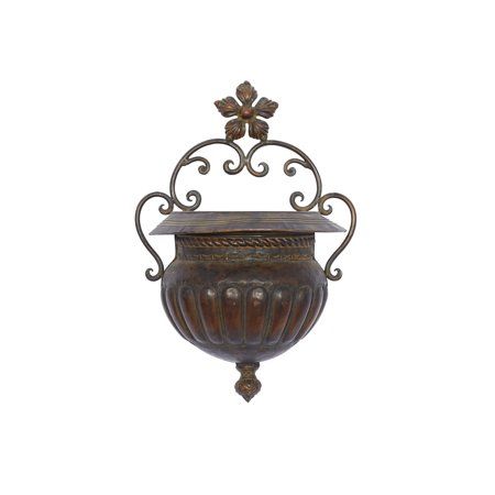 Photo 1 of  Brown Metal Indoor Outdoor Small Scroll Indoor Outdoor Wall Planter with Flower Accent 