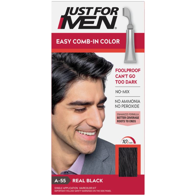 Photo 1 of Just For Men Easy Comb-In Color Mens Hair Dye, Easy No Mix Application with Comb Applicator - Real Black, A-55, Pack of 1