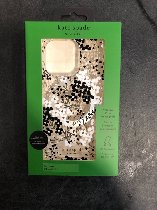 Photo 2 of Kate Spade New York Apple iPhone 15 Pro Protective Case with MagSafe - Black & White Floral with Gems