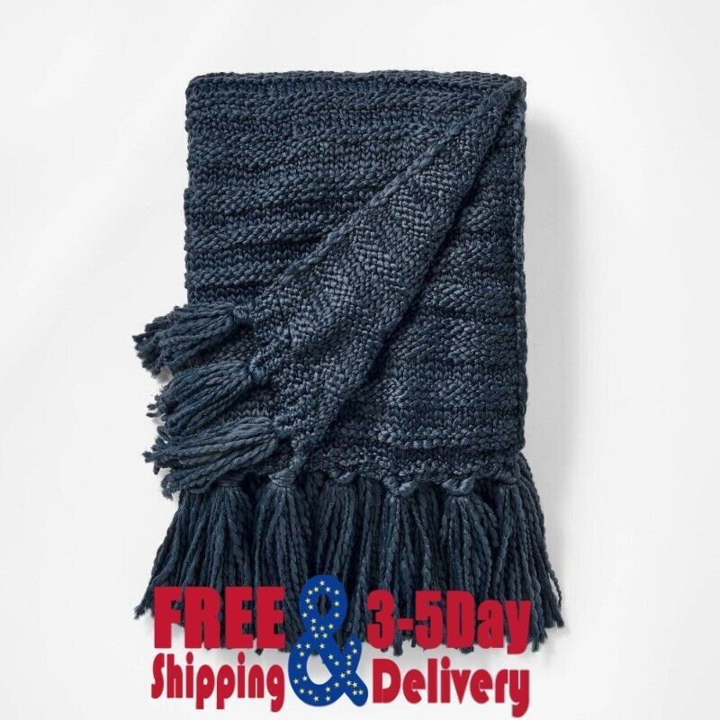 Photo 1 of Raised Striped Chunky Knit Throw Blanket Navy - Threshold™ Designed with Studio McGee: Midweight Polyester, 50x60", Tassels