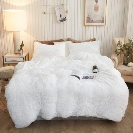 Photo 1 of Queen XeGe White Furry Duvet Cover 90"x90" Set 3 Pieces Luxury Ultra Soft Microfiber Velvet Fluffy Bedding Set Faux Fur Comforter Cover with 2 Pillow Cases 20"x26" 