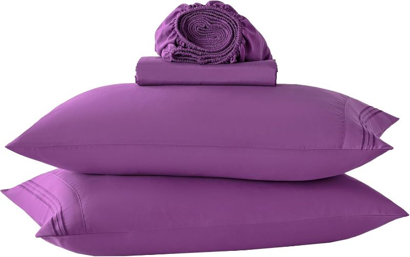 Photo 1 of Purple Full Size Bed Sheet Sets-Deep Pocket Fitted Sheet & Pillowcase Sets-4 Piece Soft Cooling Microfiber Bedsheets for Double Bed