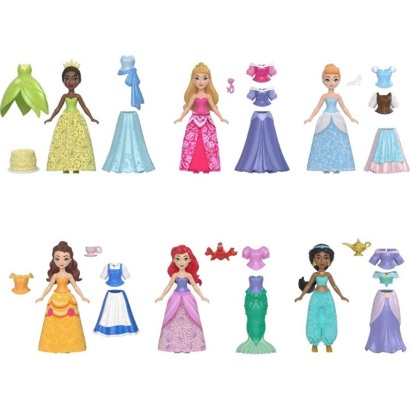 Photo 1 of Disney Princess Fairy-Tale Dolls and Fashions Toy Set Disney Princess characters Jasmine Tiana Belle Aurora and Cinderella as well as Ariel in her mermaid look and human