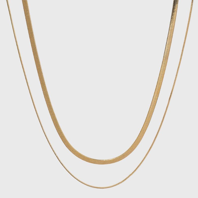 Photo 1 of 14K Gold Plated Duo Herringbone Chain Necklace Set 2pc - a New Day™ Suitable for Varitey Skin Types