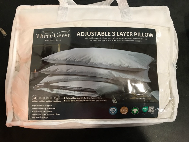 Photo 3 of Three Geese Adjustable Layer Goose Feather Pillow,Assembled Bed Pillow,100% Soft Cotton Cover,Good for Side and Back Stomach Sleeper, Standard/Queen Size,Packaging Include 1 Pillow.