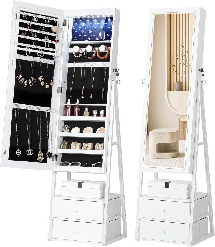 Photo 1 of Nicetree Jewelry Cabinet Armoire with 2 Drawers, Lockable Standing Jewelry Mirror Cabinet, Full Length Mirror with Jewelry Storage, White