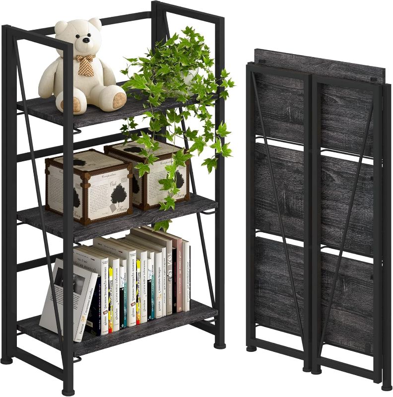 Photo 1 of 4NM No-Assembly Folding Bookshelf Storage Shelves 3 Tiers Vintage Bookcase Standing Racks Study Organizer Home Office (Gray and Black)