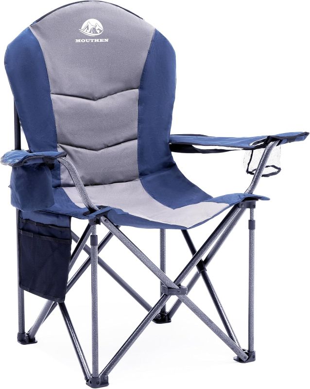 Photo 1 of Oversized Camping Chair, Fully Padded Camp Chair Outdoor Heavy Duty Folding Lawn Chair with Cooler Bag, Head and Side Pocket -Support 400 lbs (1, Blue Grey)