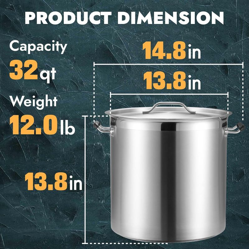 Photo 2 of CURTA 32 Quart Large Stock Pot with Lid, NSF Listed, Induction Ready, 3-Ply Clad Base, 18/8 Stainless Steel Cooking Pot, Commercial Cookware for Soup, Stew & Sauce, Riveted Silicone Handle