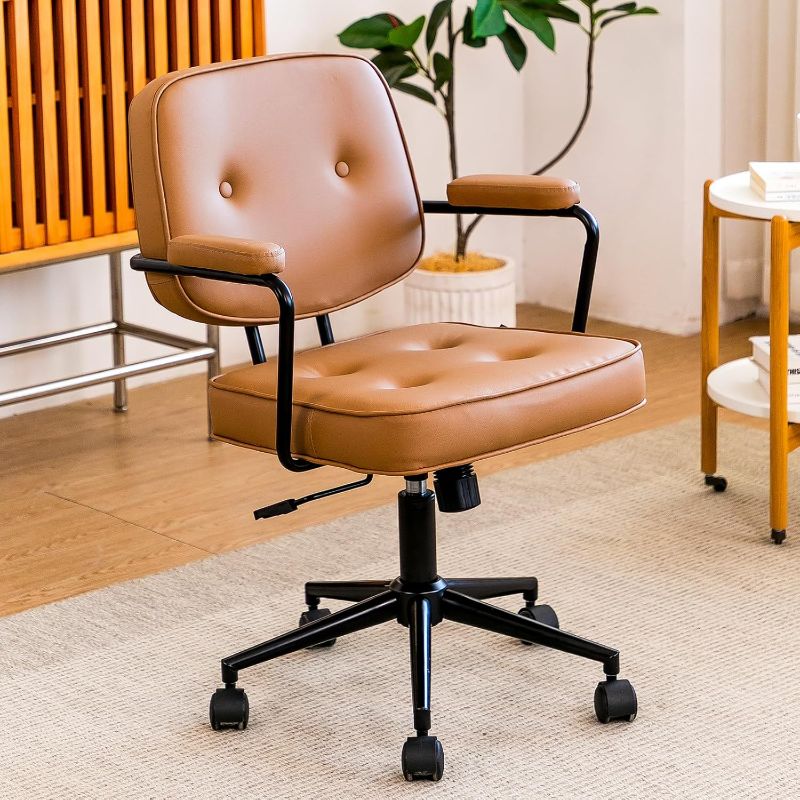 Photo 1 of Mid Century Office Chair, Swivel Desk Chair with Wheels and Arms, Height Adjustable Rolling Chair, Small Leather Office Chair for Adults (Brown)