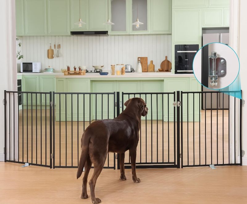 Photo 1 of No Pawblems Free Standing Dog Gate with Door, 30'' Tall Foldable Dog Fence for Indoor & Outdoor, Up to 104 Inch Extra Wide Puppy Gate for Stairs, Hallways, Doorways, Deck, Yard (Black, 4 Panels)