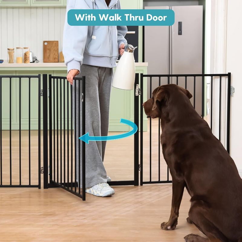 Photo 2 of No Pawblems Free Standing Dog Gate with Door, 30'' Tall Foldable Dog Fence for Indoor & Outdoor, Up to 104 Inch Extra Wide Puppy Gate for Stairs, Hallways, Doorways, Deck, Yard (Black, 4 Panels)