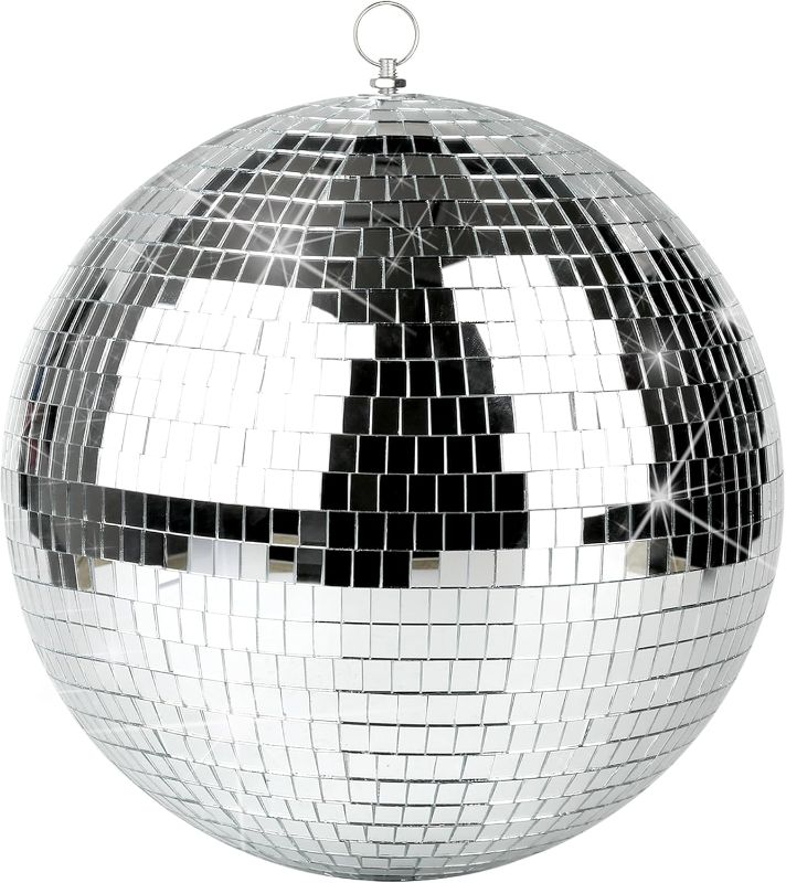 Photo 1 of Disco Ball - 12 Inch Mirror Disco Ball, Ideal for DJ Club, Party, Wedding, Home Decor, and Live Stage with Hanging Ring for Easy Installation, Silver