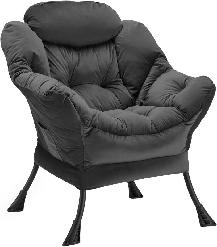 Photo 1 of Lazy Chair Thick Padded, Accent Chair Velvet Upholstered with Wide Seat, Stable Metal Frame and Non-Slip Pad, Modern Sofa Armchair with Side Storage Bag for Dorm, Office, Charcoal