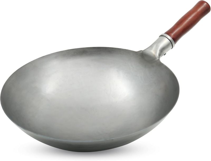 Photo 1 of Carbon Steel Wok Traditional Hand Hammered Wok,14 Inch,Round Bottom (Steel) Maroon Colored Handle 