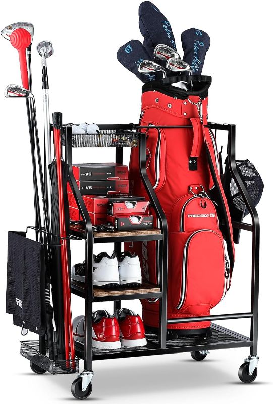 Photo 1 of Golf Bags Storage Garage Organizer- Golf Bag Stand for Golf Bags, Clubs, Balls, Golf Equipment Accessories, Golf Bag Storage Rack with Wheels for Garage, Club, Basement