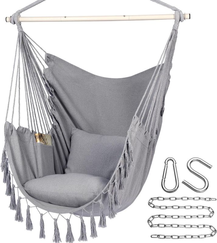 Photo 1 of Y- STOP Hammock Chair Hanging Rope Swing, Max 500 Lbs, 2 Cushions Included, Large Macrame Hanging Chair with Pocket for Superior Comfort, with Hardware Kit (Light Grey)