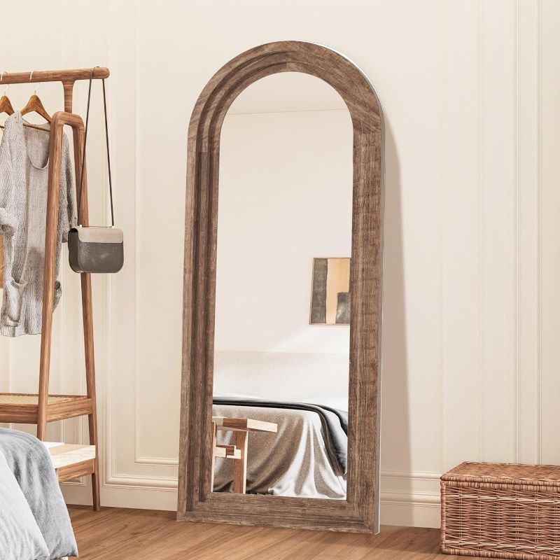 Photo 1 of CASSILANDO Full Length Mirror Arched 65"x24" Wood Wall Full Length Distressed Large Floor Mirror for Living Room, Bedroom, Entrance.?Coffee?