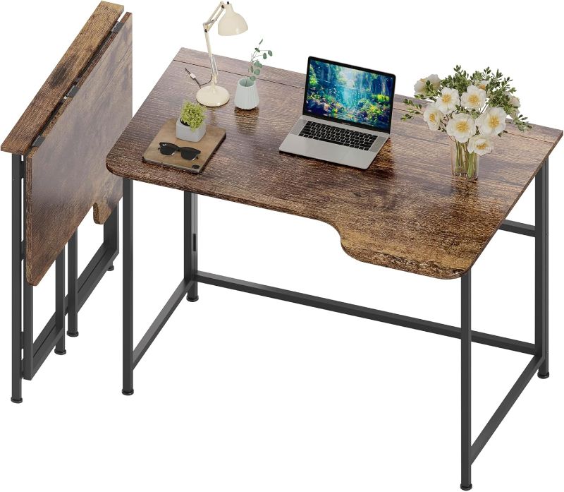 Photo 1 of Folding L Shaped Desk, 35.4" Small Computer Home Office Desk Foldable Study Writing Table Workstation for Small Space, Easy to Assemble (Rustic Brown)