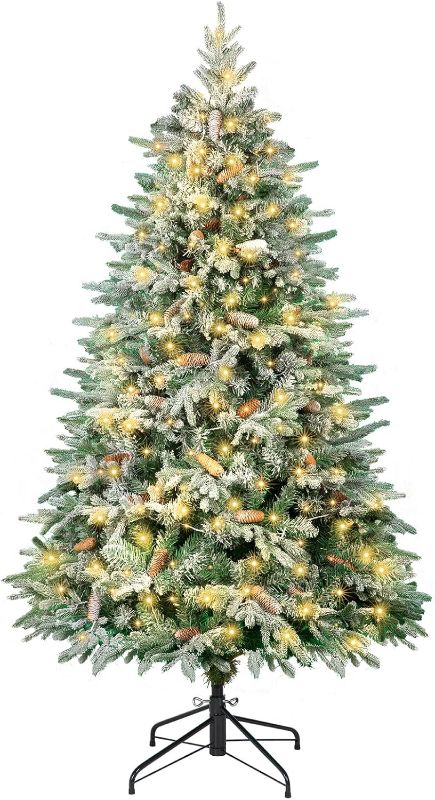 Photo 1 of 6 Ft Pre- Christmas Tree, Snow Flocked Xmas Tree with 250 LED Lights, 1033 Branch Tips, Pine Cones, Foldable Metal Stand, Holiday Party Office Decoration Indoor Outdoor Home Decor Full Tree